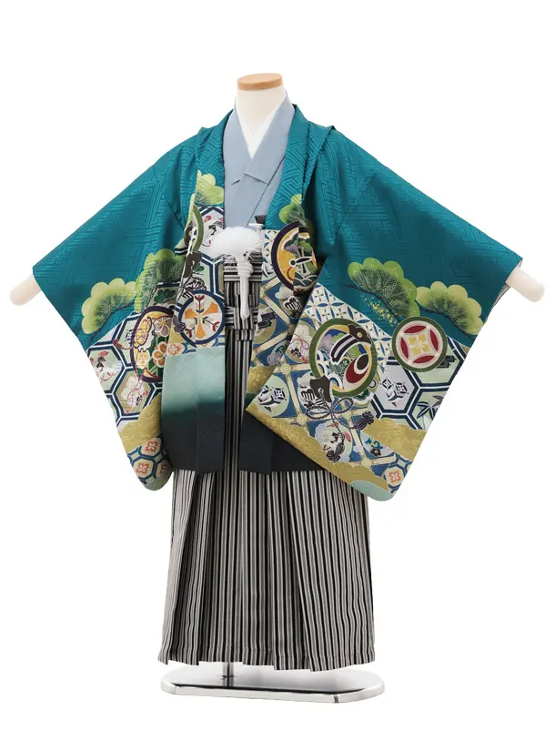 かんたん七五三(5歳男袴)X769 エメラルドグリーン丸紋に兜×黒縞