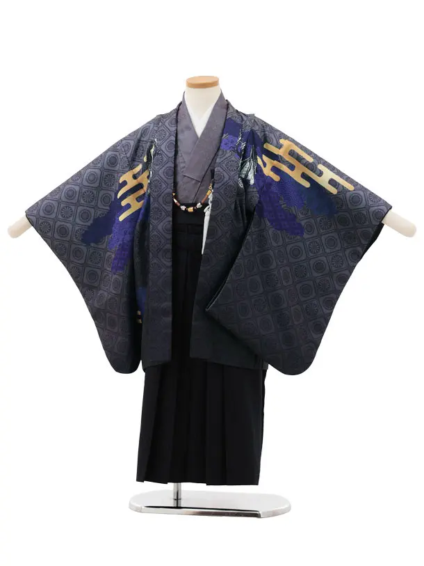 かんたん七五三(5歳男袴)X770 グレー雲霞にドラゴン×黒