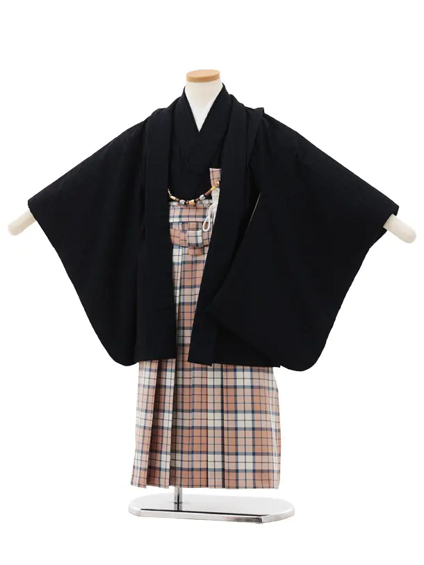 かんたん七五三(5歳男袴)X774 濃紺×ピンクベージュチェック