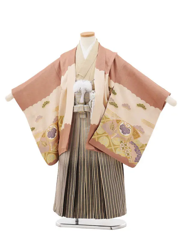 七五三(5歳男袴)X777【正絹】モカブラウン鼓に鷹×黒金縞