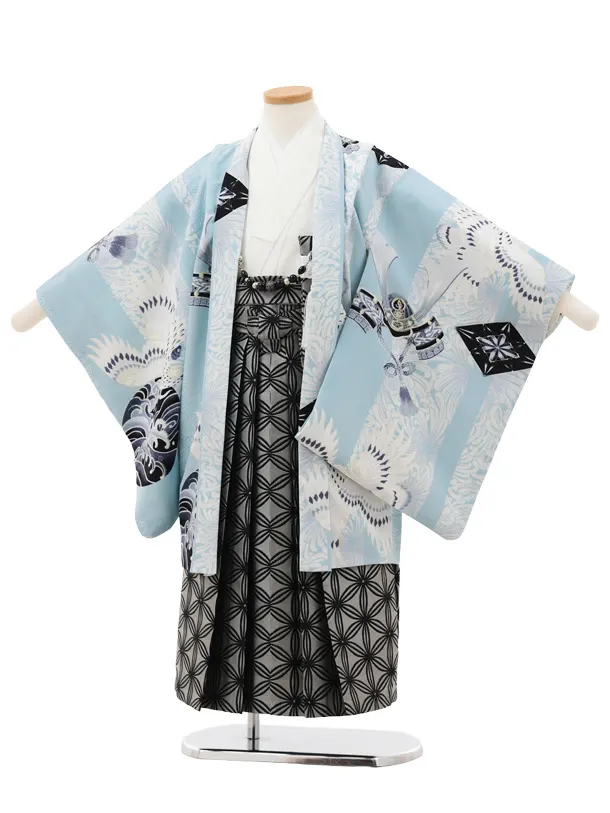 かんたん七五三(5歳男袴)X778 JAPANSTYLE 水色鷹に乱菊縞×グレー