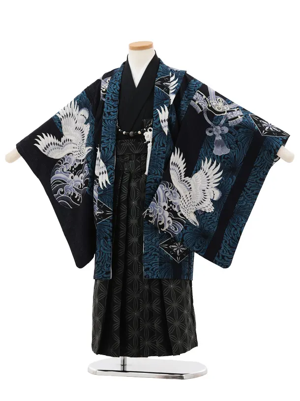かんたん七五三(5歳男袴)X349 JAPANSTYLE 白黒片身替り切子鷹×紫