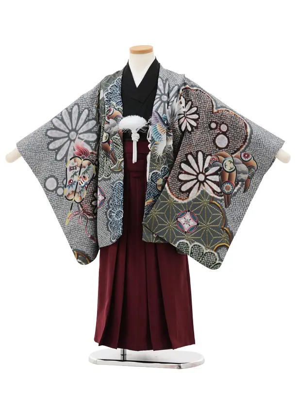 かんたん七五三(5歳男袴)X782 グレー疋田柄 吉祥文様鷹×ボルドー