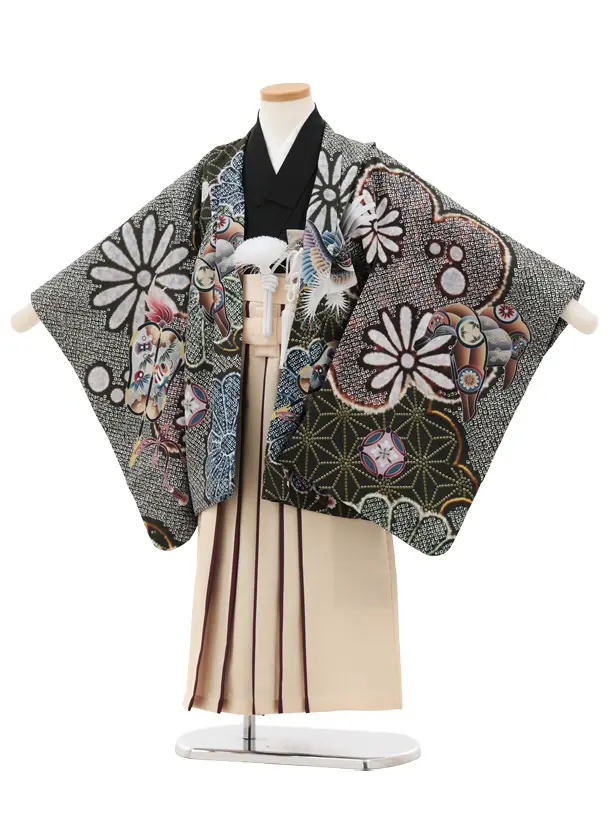 かんたん七五三(5歳男袴)X783 グリーン疋田柄 吉祥文様鷹×クリームベージュ