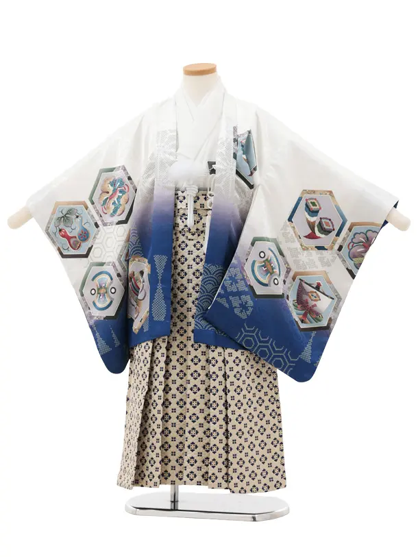 かんたん七五三(5歳男袴)X785 白ブルーぼかし 亀甲紋に兜×ベージュ