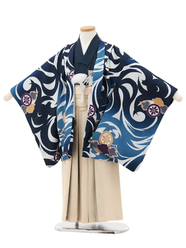 かんたん七五三(5歳男袴)X787 白ブルー丸紋 松皮菱×クリームベージュ