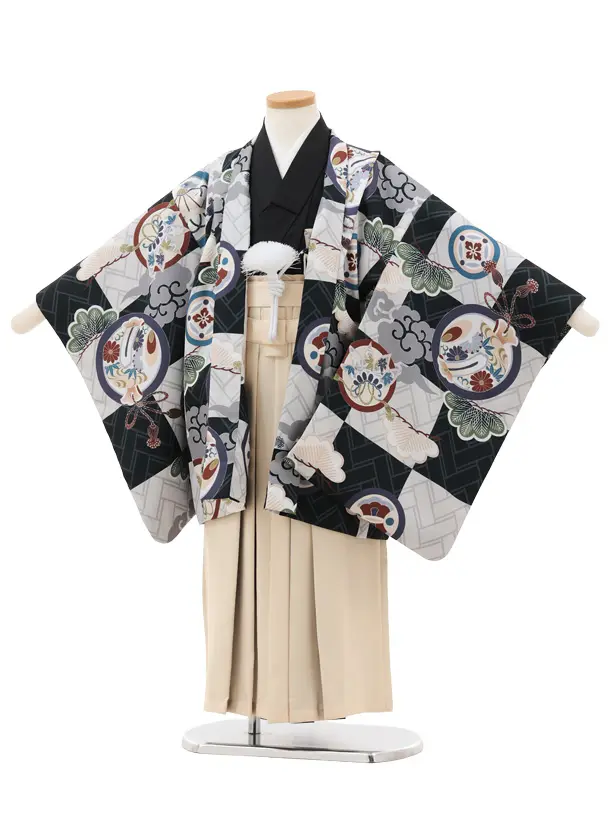 かんたん七五三(5歳男袴)X788 黒市松 松丸紋×クリームベージュ