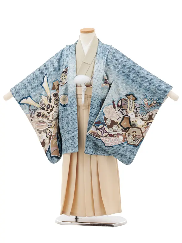 かんたん5歳袴 X790  ブルー疋田柄 吉祥文様に鷹×クリームベージュ