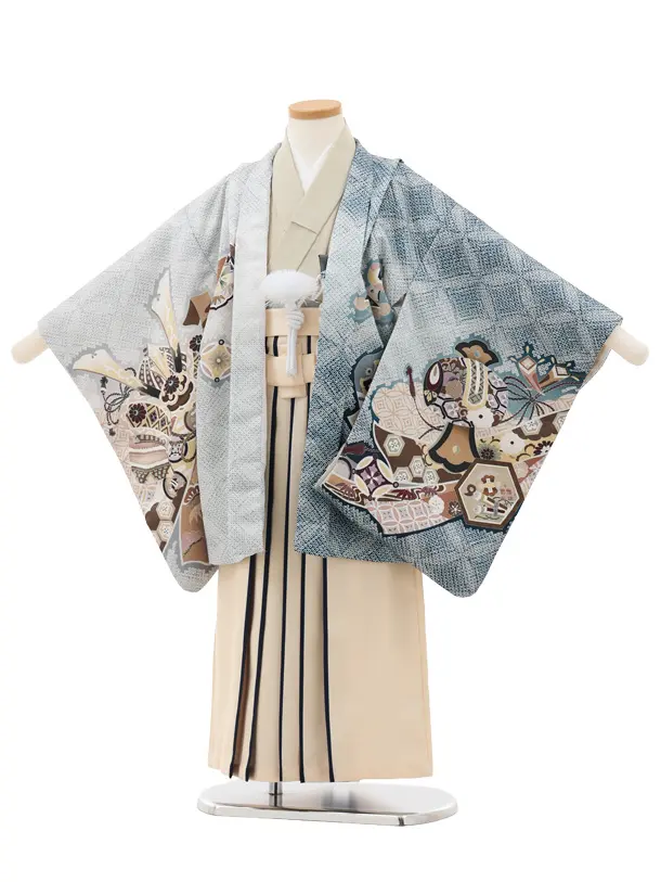 かんたん5歳袴 X791  ブルー疋田柄 片身替り 吉祥文様に龍×ベージュ