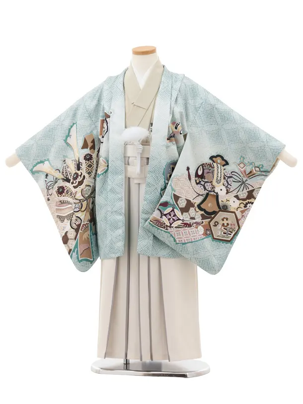 かんたん七五三(5歳男袴)X792  ミント疋田柄 吉祥文様に龍×アイボリー