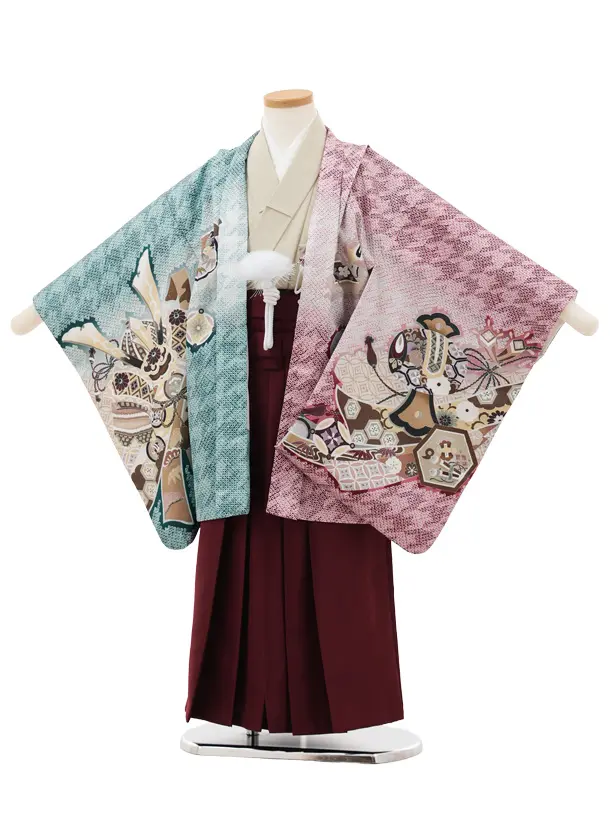 かんたん5歳袴 X794  赤×緑 疋田柄 片身替り 吉祥文様に鷹×ボルドー