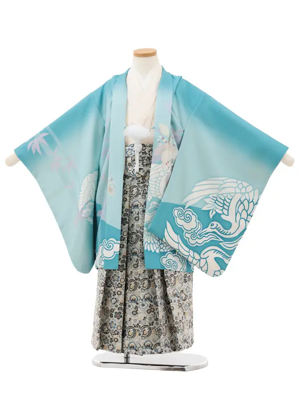 かんたん七五三(5歳男袴)X800 水色ぼかし鶴に桐×ベージュ梅