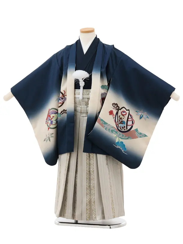かんたん5歳袴 X803 紺地 束ね熨斗に鷹×ベージュゴールドストライプ