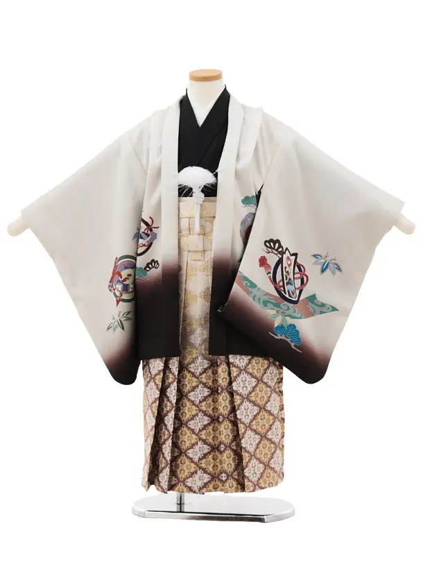 かんたん七五三(5歳男袴)X805 ベージュ 束ね熨斗に鷹×ベージュ茶ぼかし