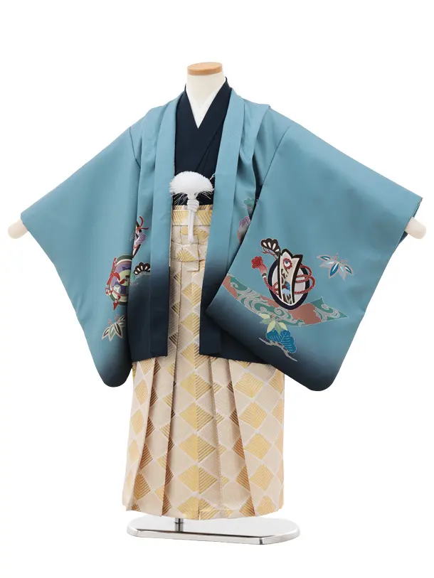 かんたん七五三(5歳男袴)X806 ブルーグレー 束ね熨斗に鷹×ベージュゴールド