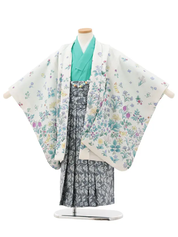 かんたん七五三(5歳男袴)X808 オフ白フラワー×ブルーグレー