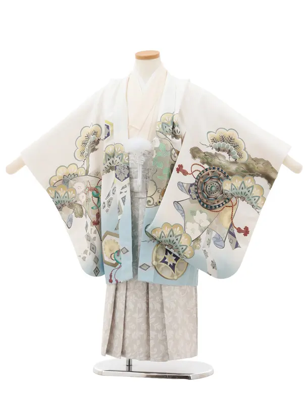 かんたん七五三(5歳男袴)X813 白地武具に兜×薄グレージュ