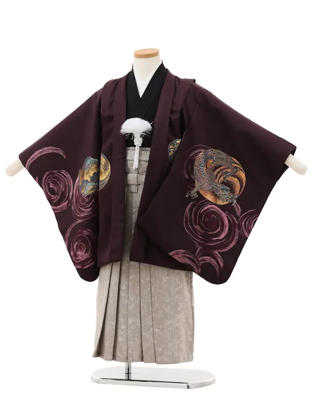 かんたん七五三(5歳男袴)X815 ブラウンパープル 渦に鳳凰×グレー