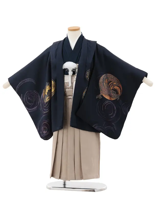 かんたん七五三(5歳男袴)X816 紺地 渦に鳳凰×ベージュ