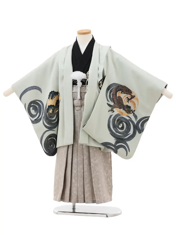 かんたん七五三(5歳男袴)X818 ペールグリーン渦に鳳凰×グレージュ