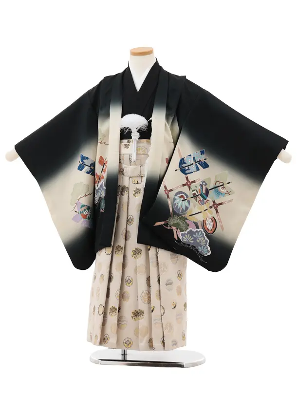 かんたん七五三(5歳男袴)X819 黒 吉祥文様 矢羽根×ベージュ雪輪