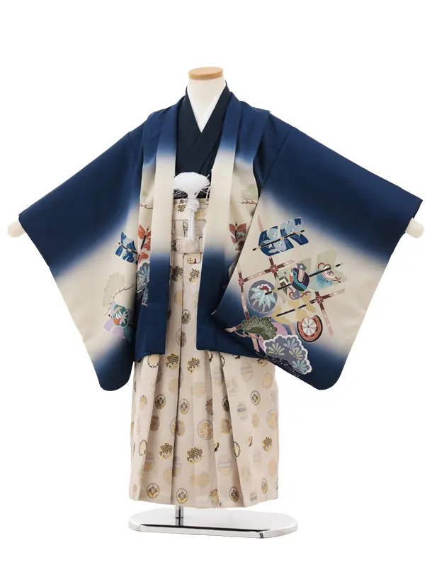 かんたん七五三(5歳男袴)X821 紺地 吉祥文様 矢羽根×ベージュ雪輪