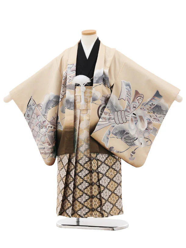 かんたん(5歳男袴)X822 ベージュぼかし 束ね熨斗に鷹×ベージュ菱ぼかし