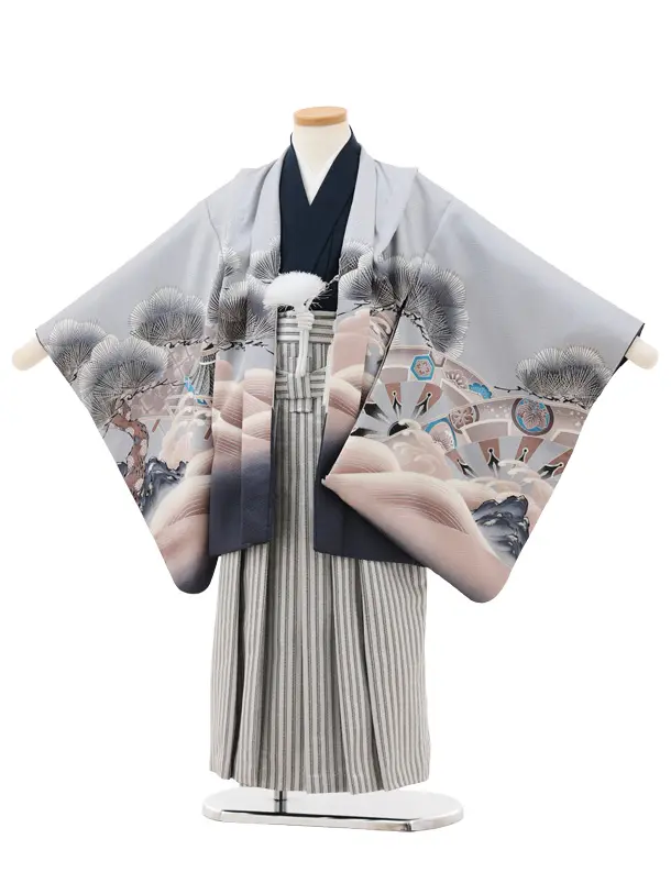 かんたん(5歳男袴)X823 ブルーグレーぼかし 松波兜×シルバーストライプ
