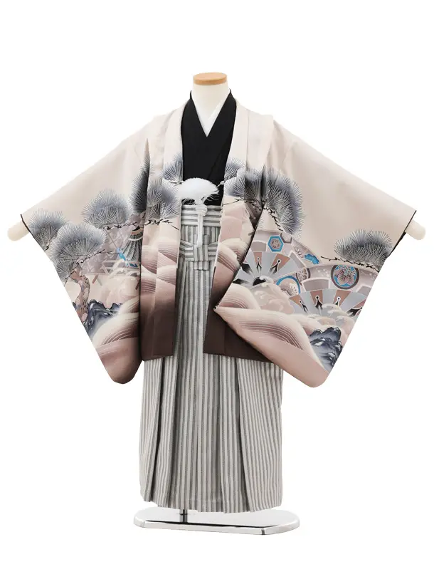 かんたん(5歳男袴)X824 ピンクベージュぼかし 松波兜×シルバーストライプ