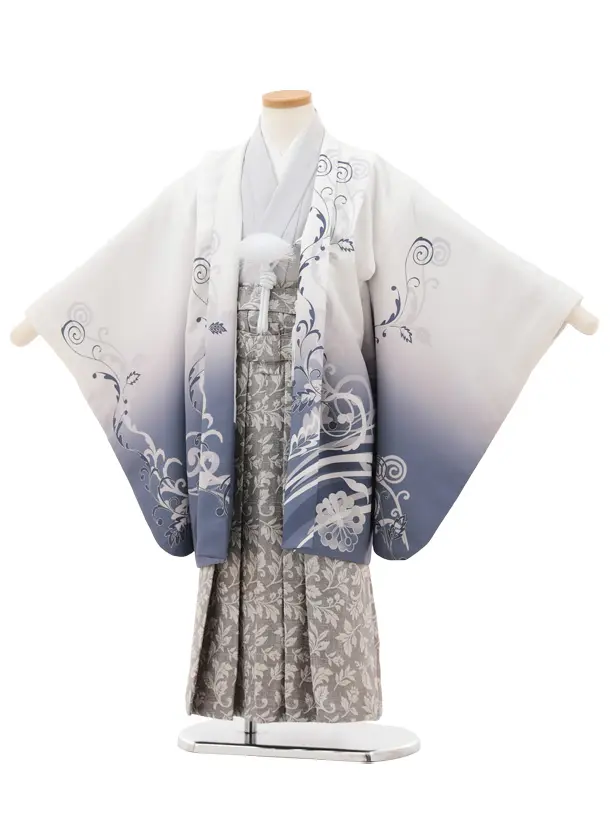 かんたん七五三(5歳男袴)X830 白ぼかし桐唐草×グレー | 着物レンタルの