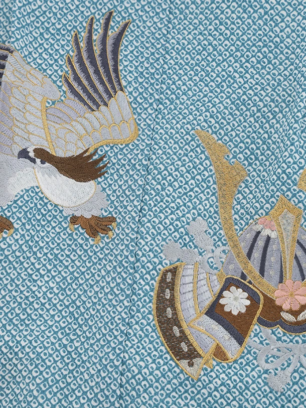 七五三(5歳男袴)X842 ブルーグリーン疋田柄刺繍鷹兜×グレー