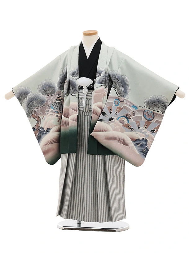 かんたん七五三(5歳男袴)X852 ペールグリーン波松兜×銀縞