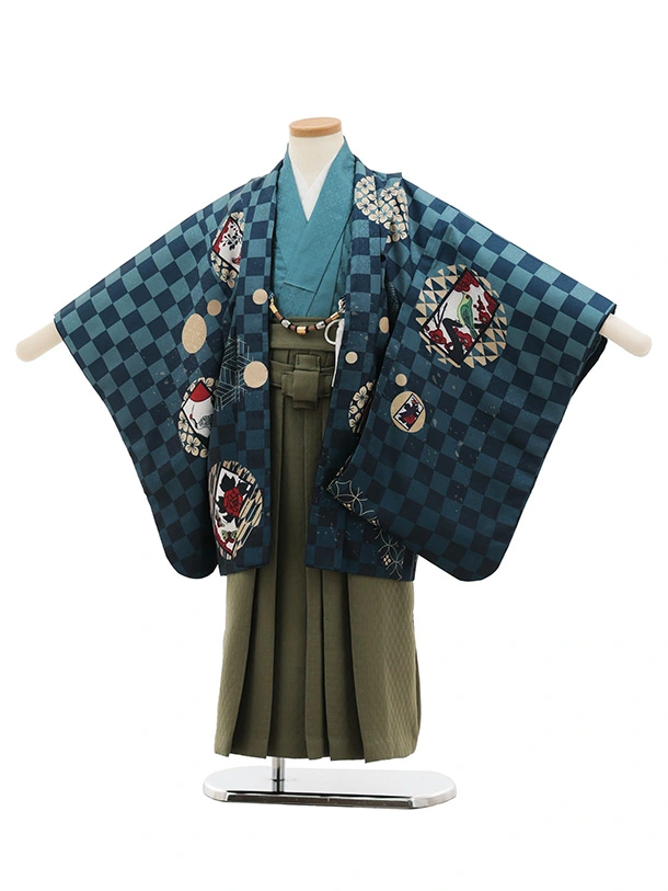 かんたん七五三(5歳男袴)X853 ブルーグリーン市松花札×モスグリーン