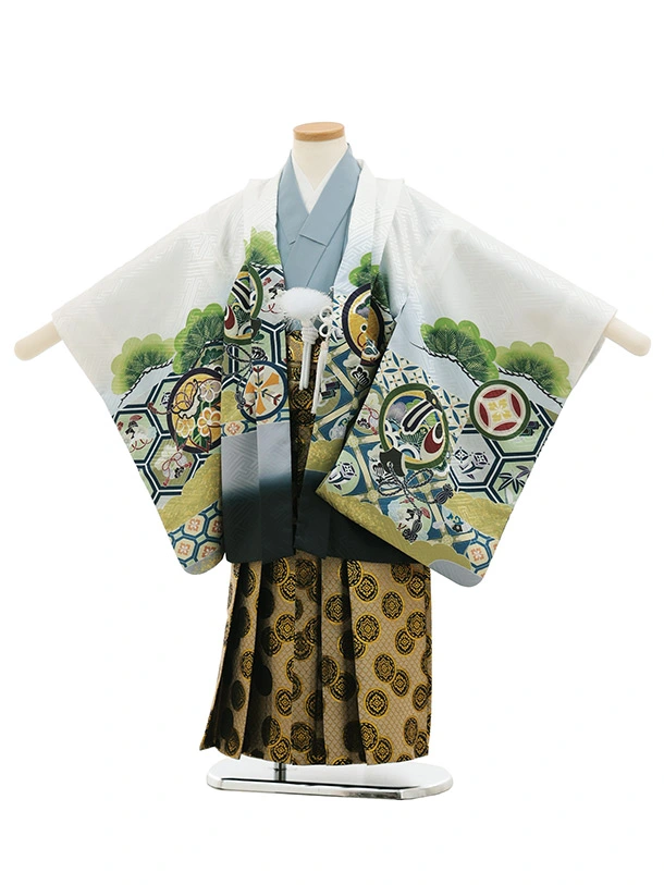 かんたん七五三(5歳男袴)X855 白地裾黒亀甲丸紋鷹×ゴールド黒