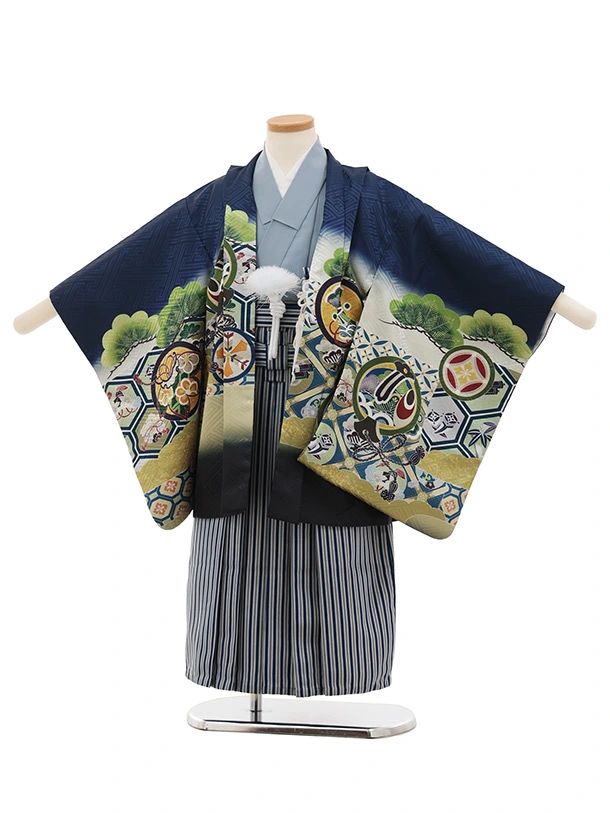 あこぴ　羽織袴セット＊男児5歳 亀甲花菱 縞 黒グリーン 9RG12 あこぴ 羽織袴セット＊男児5歳 亀甲花菱 縞 黒グリーン 9RG12 あこ