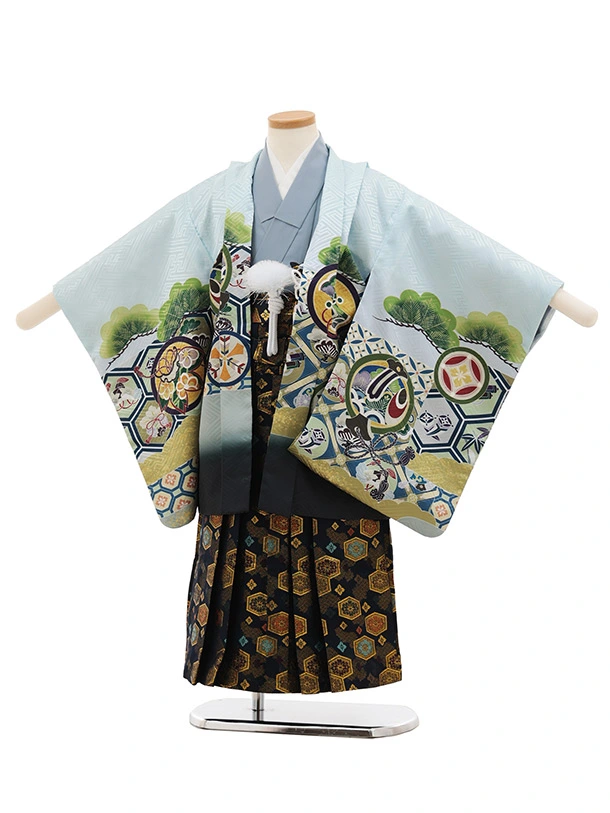 かんたん七五三(5歳男袴)X857 水色裾黒亀甲丸紋鷹×紺ゴールド