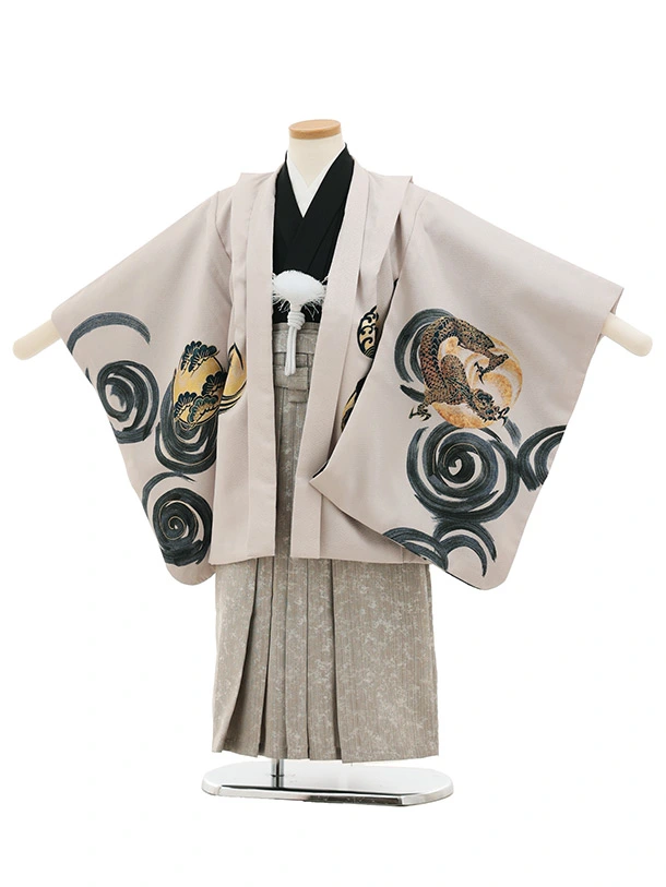 かんたん七五三(5歳男袴)X858 紫グレージュ渦に鳳凰×グレージュ