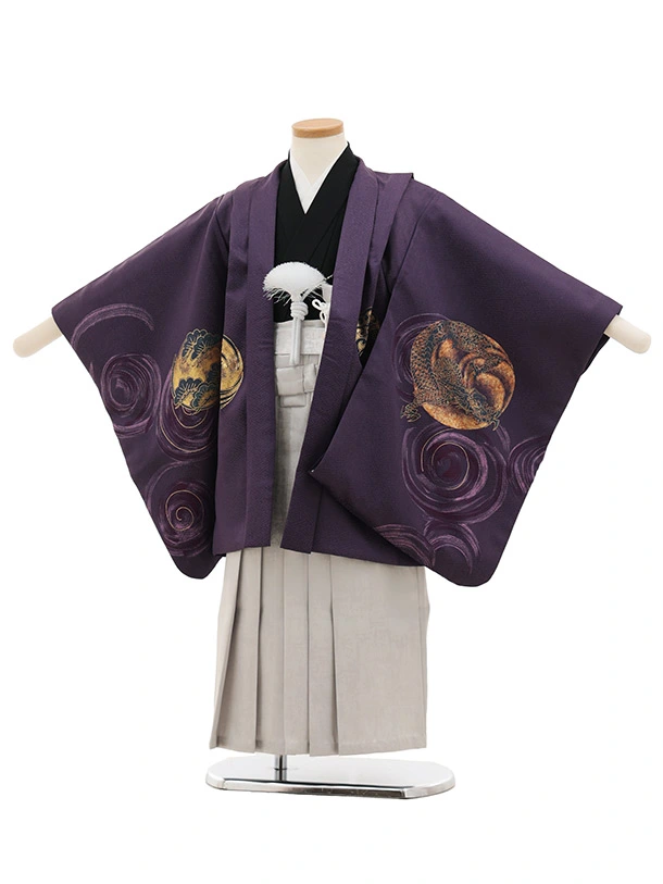 かんたん七五三(5歳男袴)X859 紫渦に鳳凰×シルバーグレー