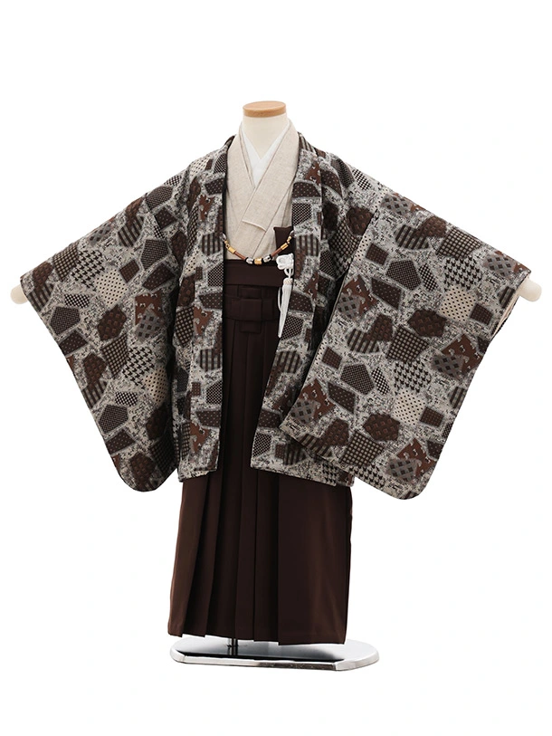 かんたん七五三(5歳男袴)X861 茶パッチワーク柄×ブラウン