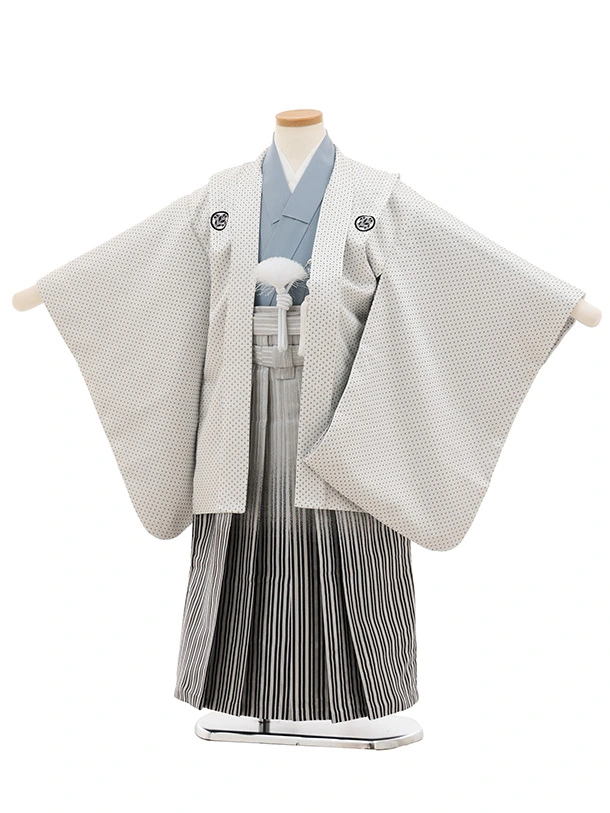 かんたん七五三(5歳男袴)X862 白地刺し子紋付×銀縞ぼかし