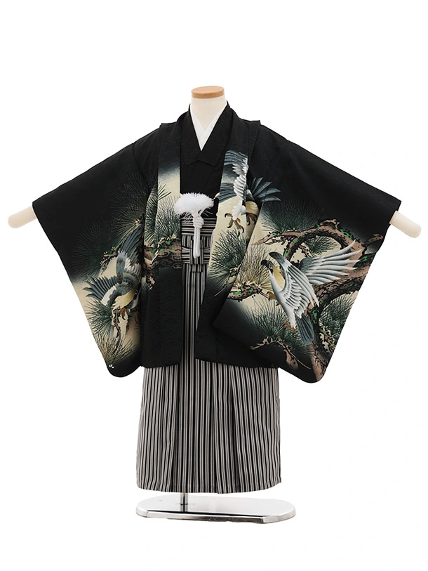 かんたん七五三(5歳男袴)X863 黒地松に鷹×黒縞 | 着物レンタルの