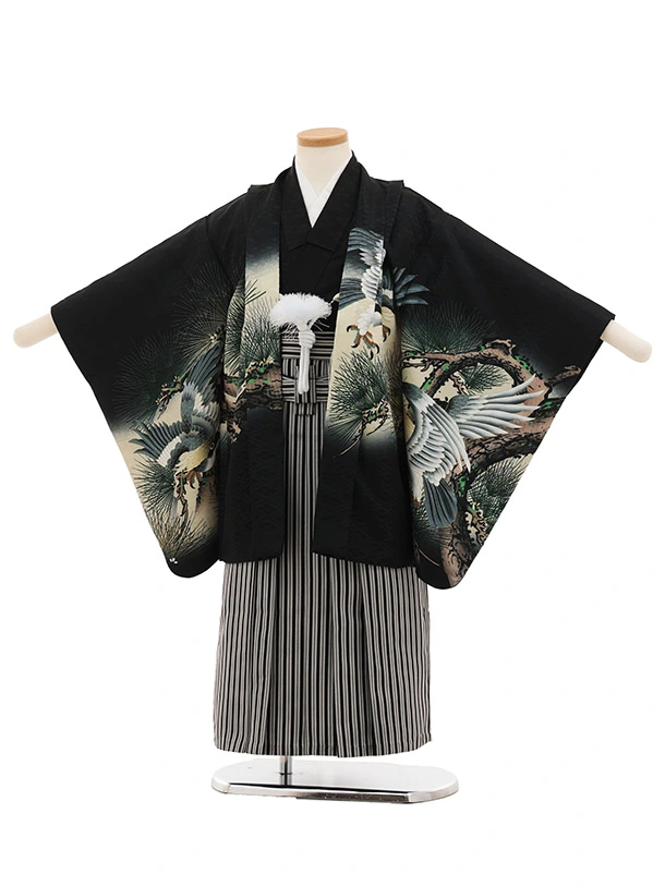 中古　七五三　レトロ　アンティーク　男の子　着物　５歳７歳　袴　タカ　鷹　黒　金 5歳〉男の子七五三羽織袴レンタル 5-e（葉っぱ） - Codorait