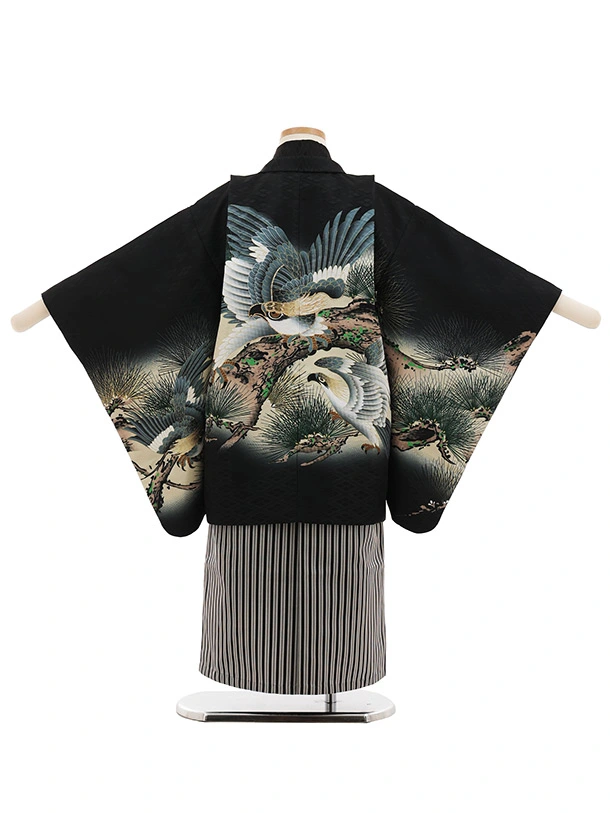 かんたん七五三(5歳男袴)X863 黒地松に鷹×黒縞 | 着物レンタルの