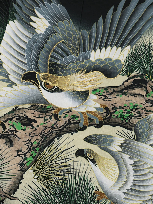 かんたん七五三(5歳男袴)X863 黒地松に鷹×黒縞 | 着物レンタルの