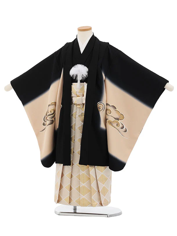 七五三(5歳男袴)X889 【高級正絹】黒ベージュ流雲に刺繍二羽鷹