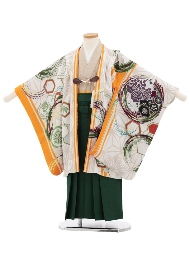 かんたん七五三(5歳男袴)X935 TOREMORY白地 カラフル吉祥文様×緑