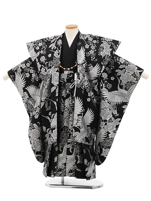 七五三　袴　100cm 七五三レンタル(5歳男袴)X987 陣羽織 黒銀鶴×黒銀鶴 | 着物レンタルの