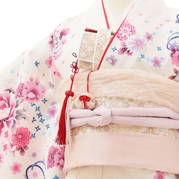 七五三(5歳女の子結び帯)0640 白地裾ピンク まり薬玉 | 着物レンタルの