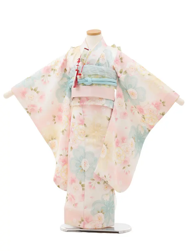 七五三(5歳女の子結び帯)0648 白赤ぼかし 花ちらし | 着物