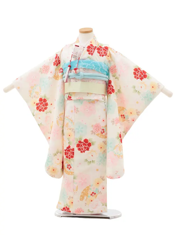 新品着物☆クリーム色大きな花模様☆作り帯フルセット 1APY256000_1.webp